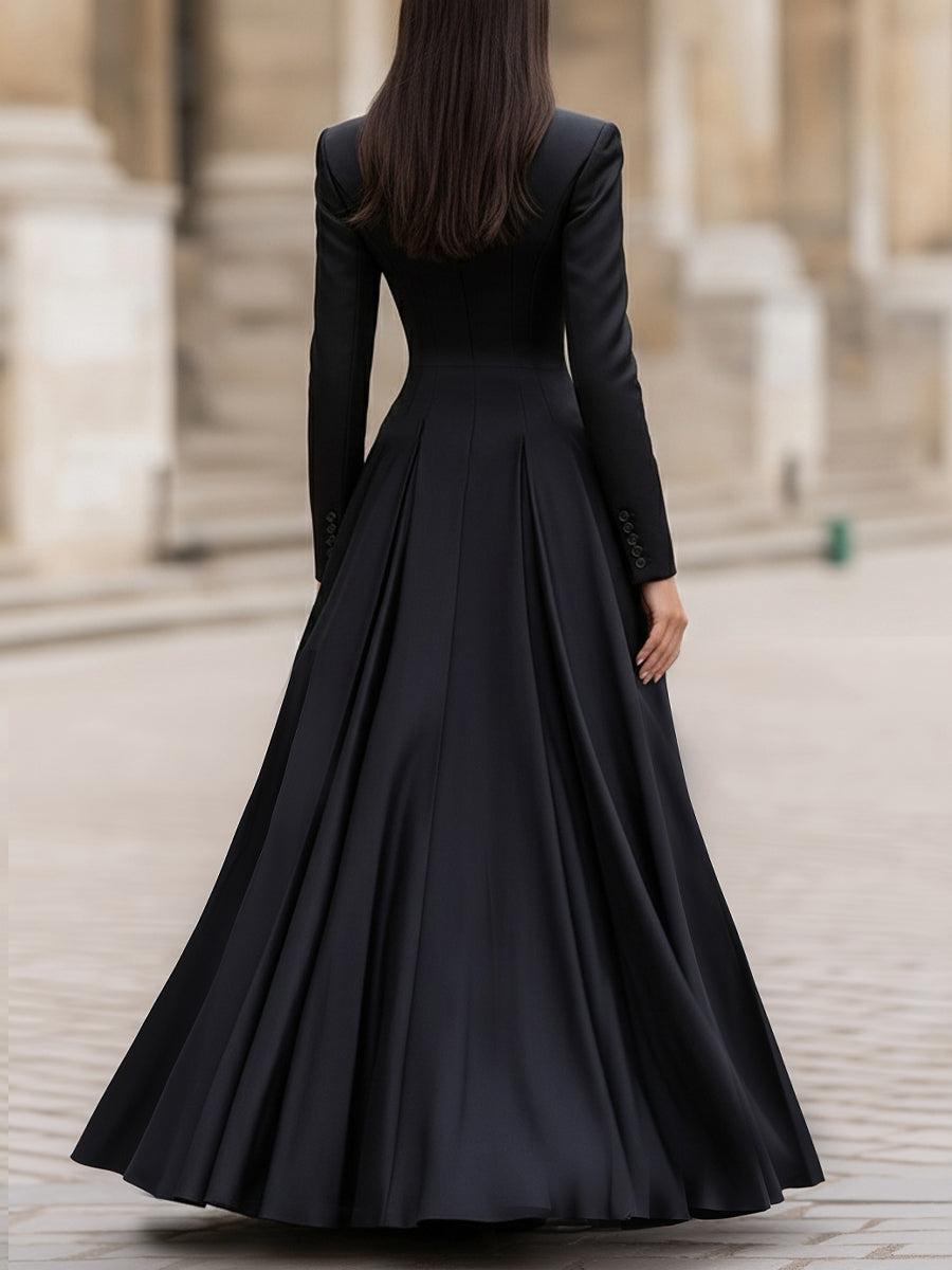 Elegant Tailored Waist Long-Sleeve Maxi Dress