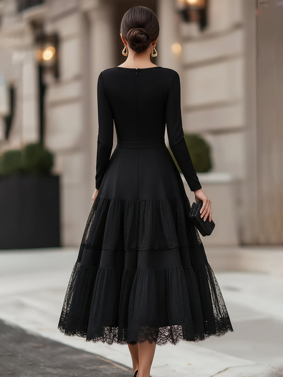 Long Sleeve Tiered Lace Hem Midi Dress