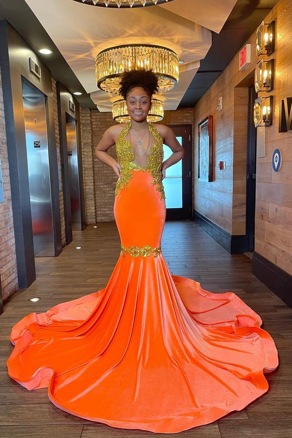 orange halter prom dress Stunning Sleeveless Mermaid Appliques With Beadings green velvet dress