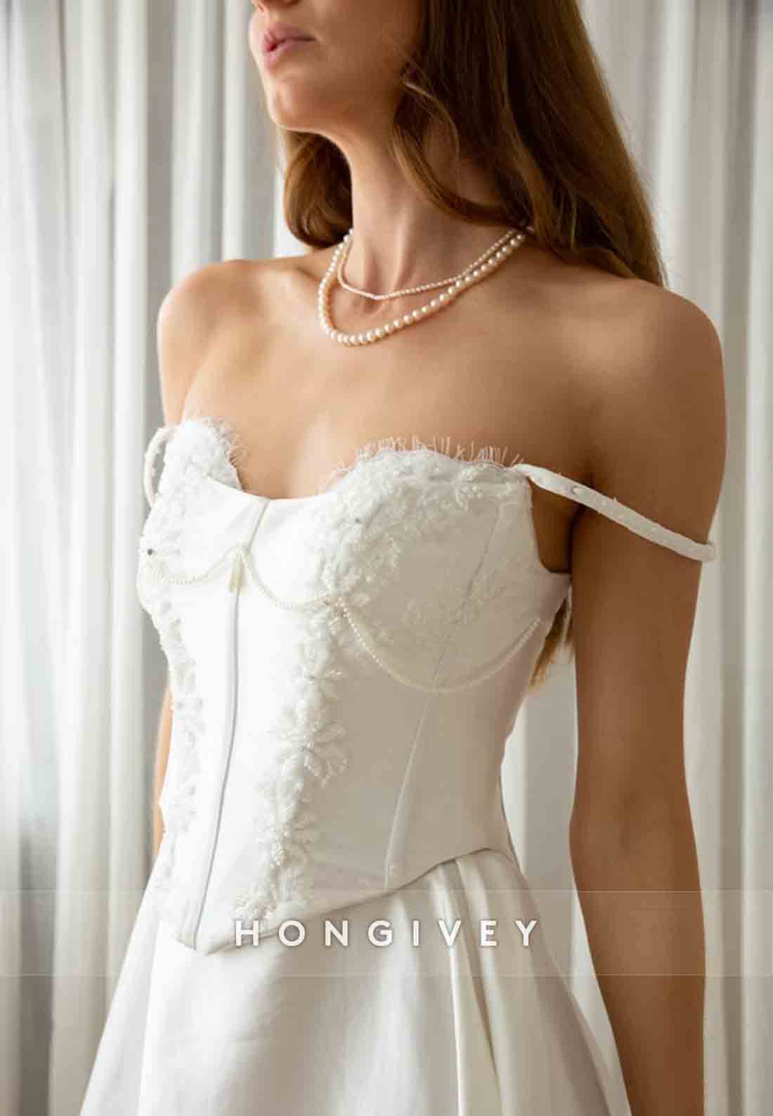 Asymmetrical Off the Shoulder A-Line Lace Short Wedding Dresses