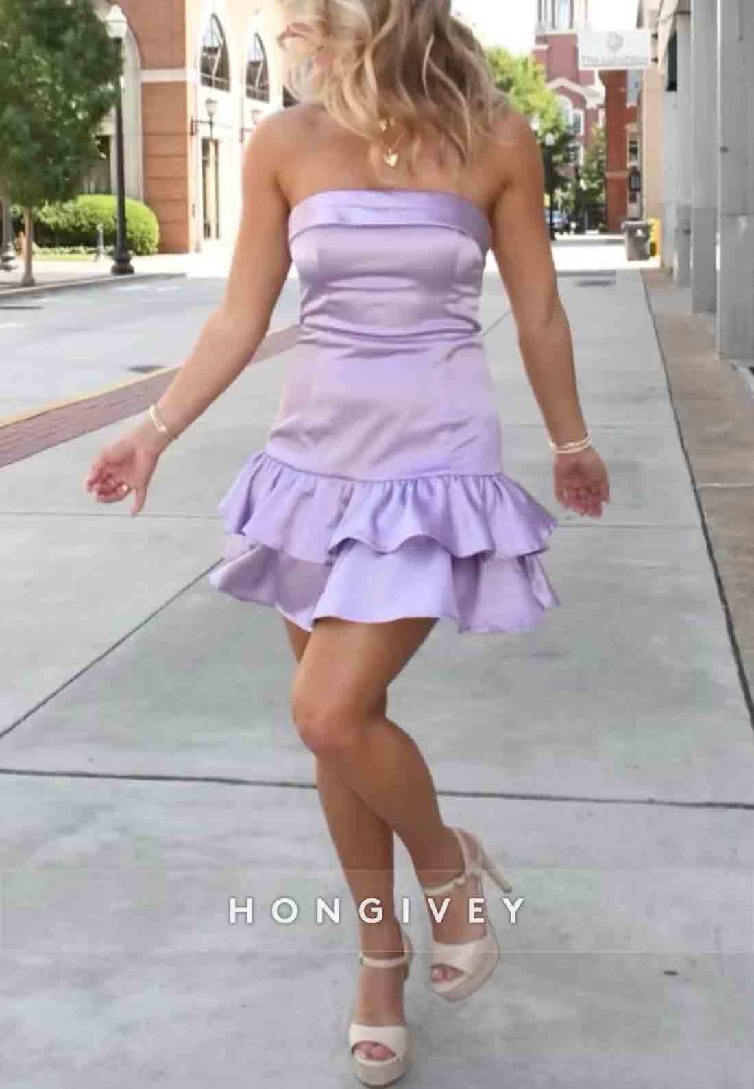 Cute Sheath Strapless Lilac Satin Short Homecoming Dress with Ruffles