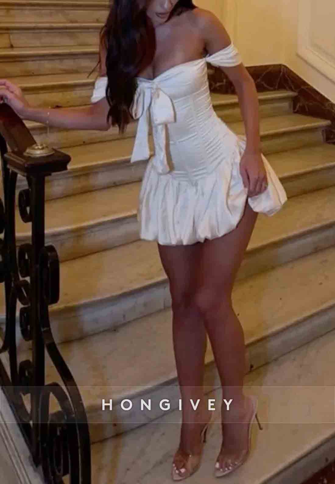 Cute A Line Off the Shoulder White Short Homecoming Dress with Ruffles