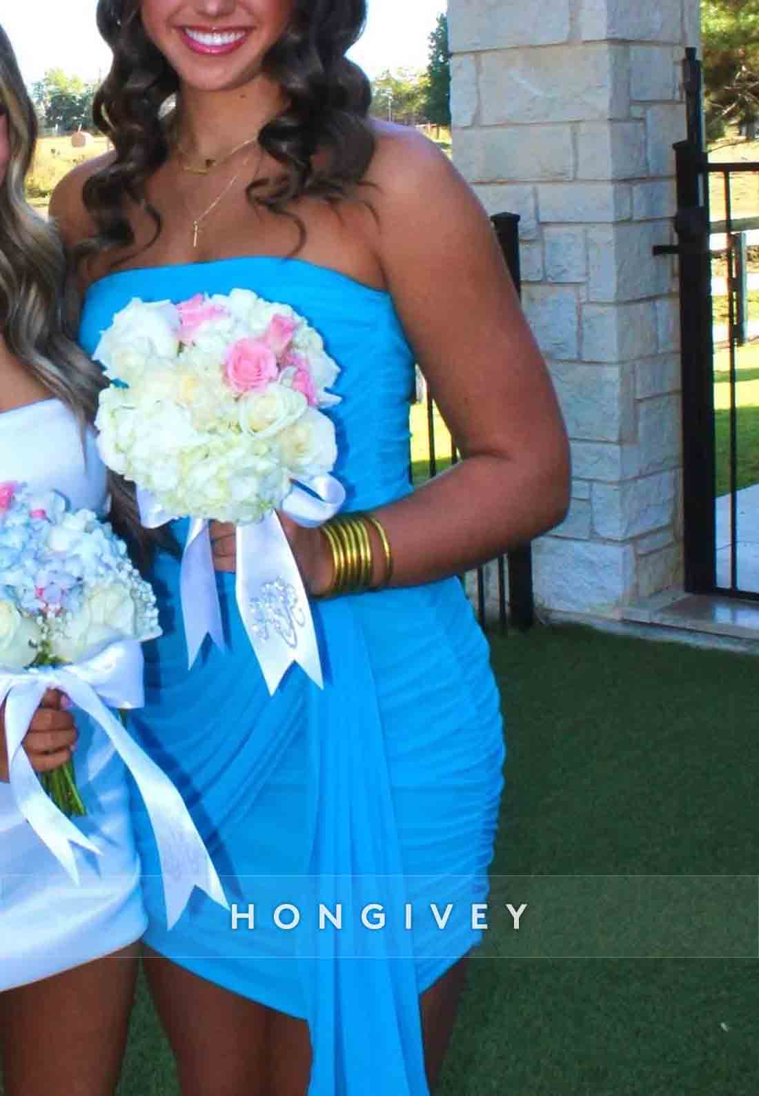 Ocean Blue Strapless Side Draping Pleated Short Homecoming Dresses with Ruched