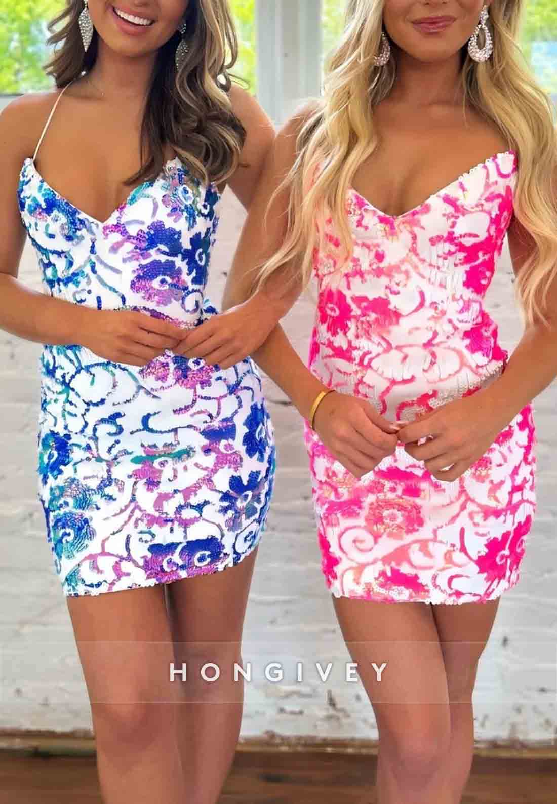 V-Neck Spaghetti Straps Tie Back Sleeveless Mini Homecoming Dresses