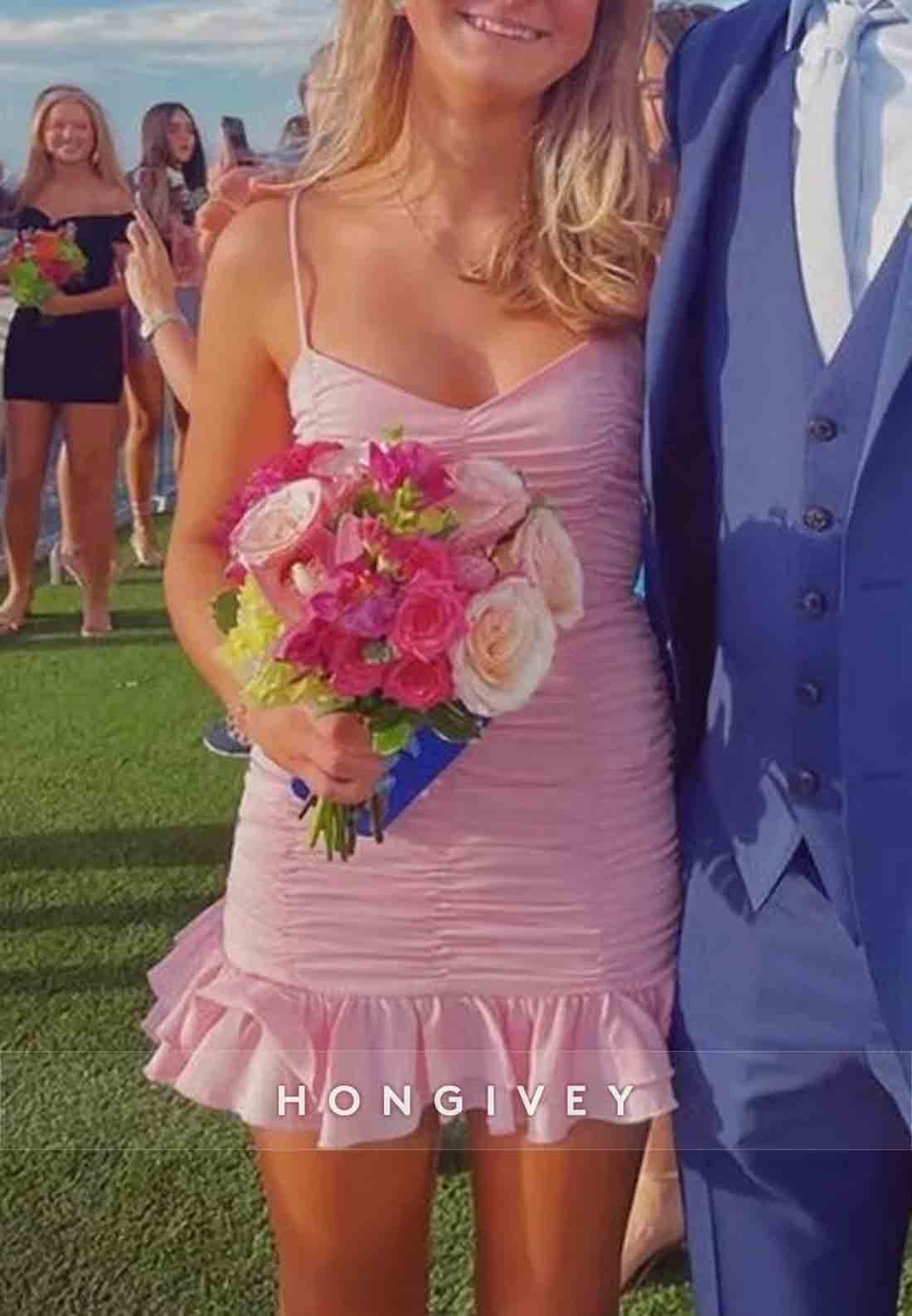 Fitted Flattering Spaghetti Straps Pink Mini Homecoming Dress with Ruched