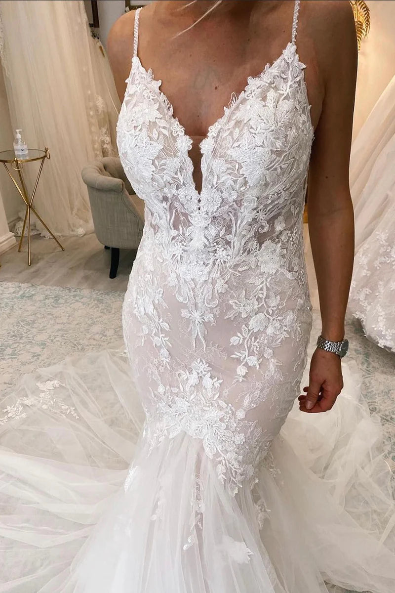 Boho Mermaid V Neck Tulle Lace Long Wedding Dresses with Appliques