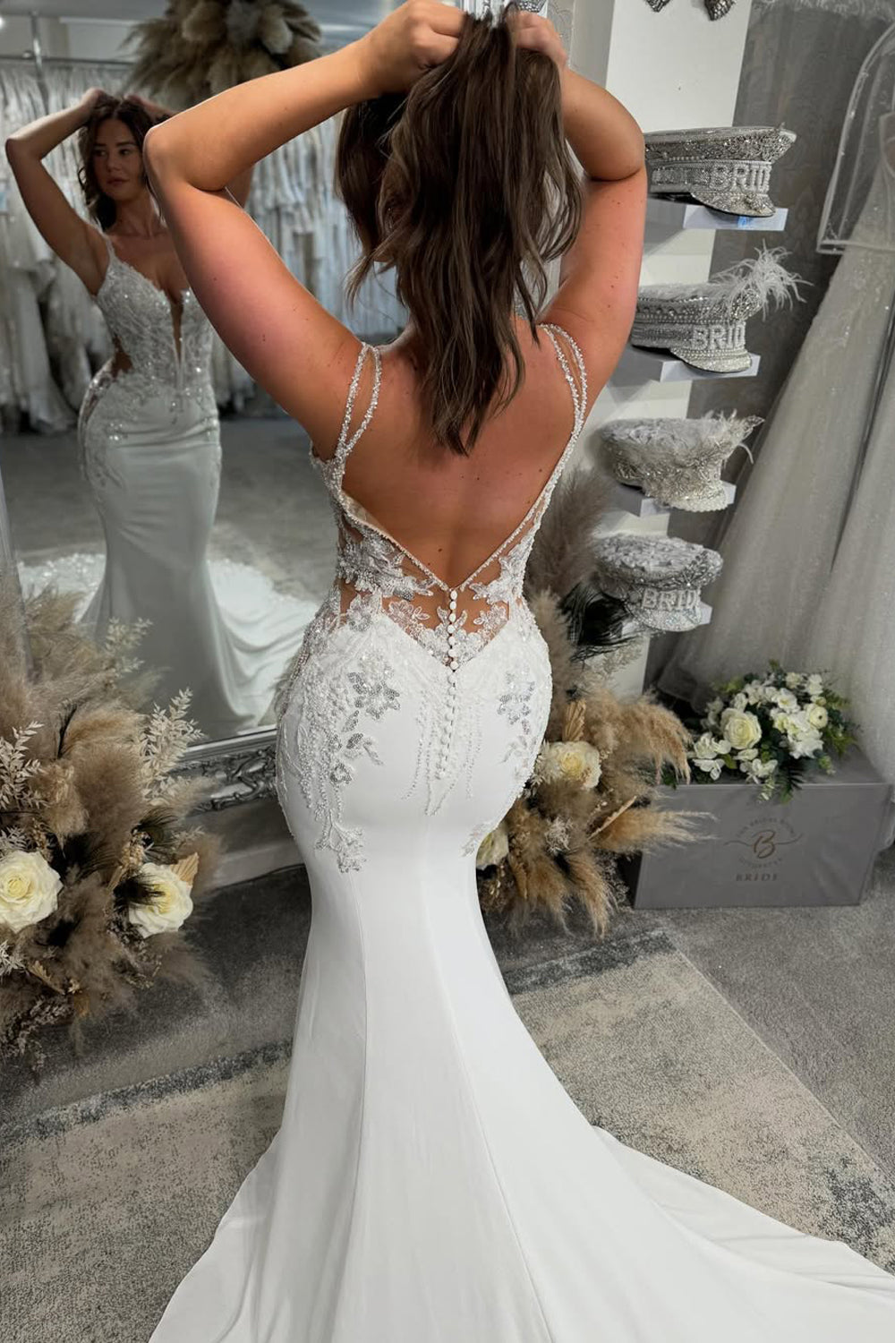 V Back Sleeveless Regular Straps V Neck Chapel Train Mermaid Wedding Dresses