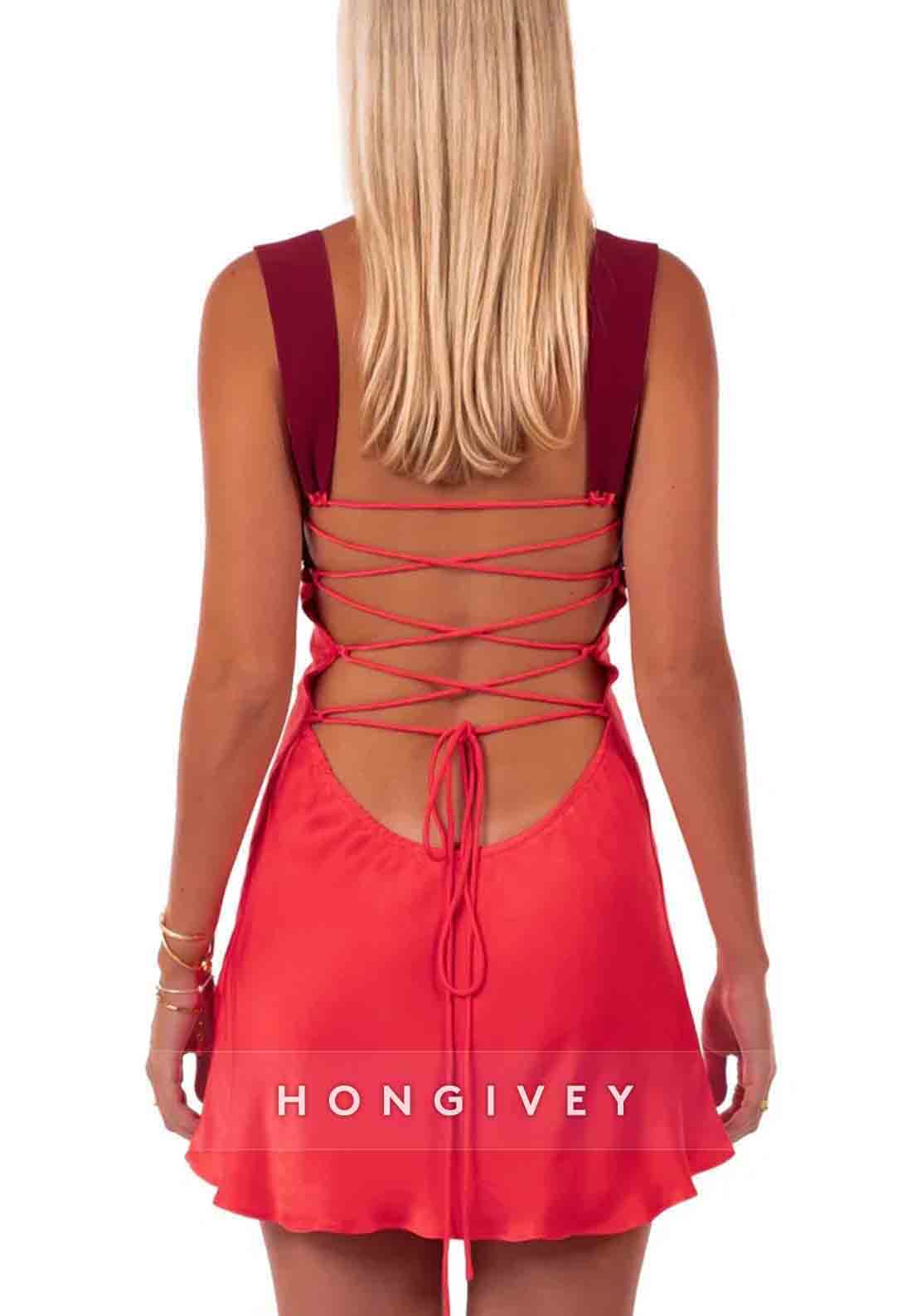 Tie Back Halter Sleeveless Satin Regular Straps Pleated Mini Homecoming Dresses