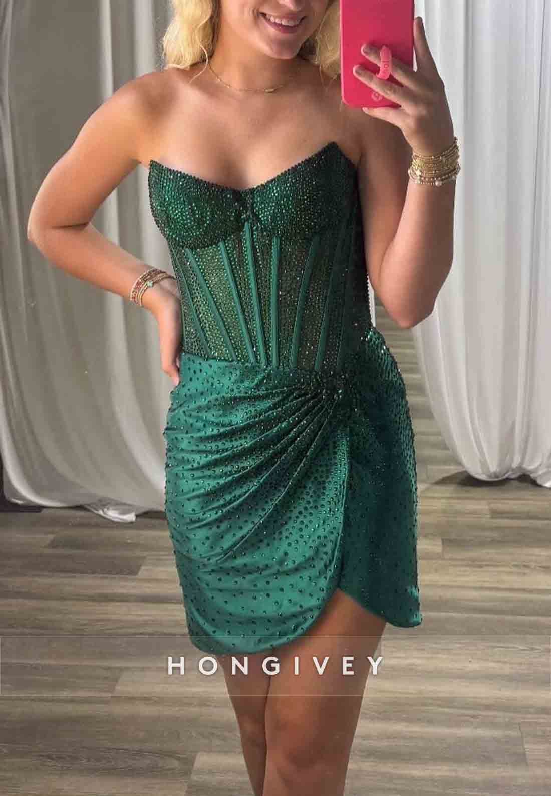 Sheath Strapless Pleated Side Slit Short Homecoming Dresses With Beading