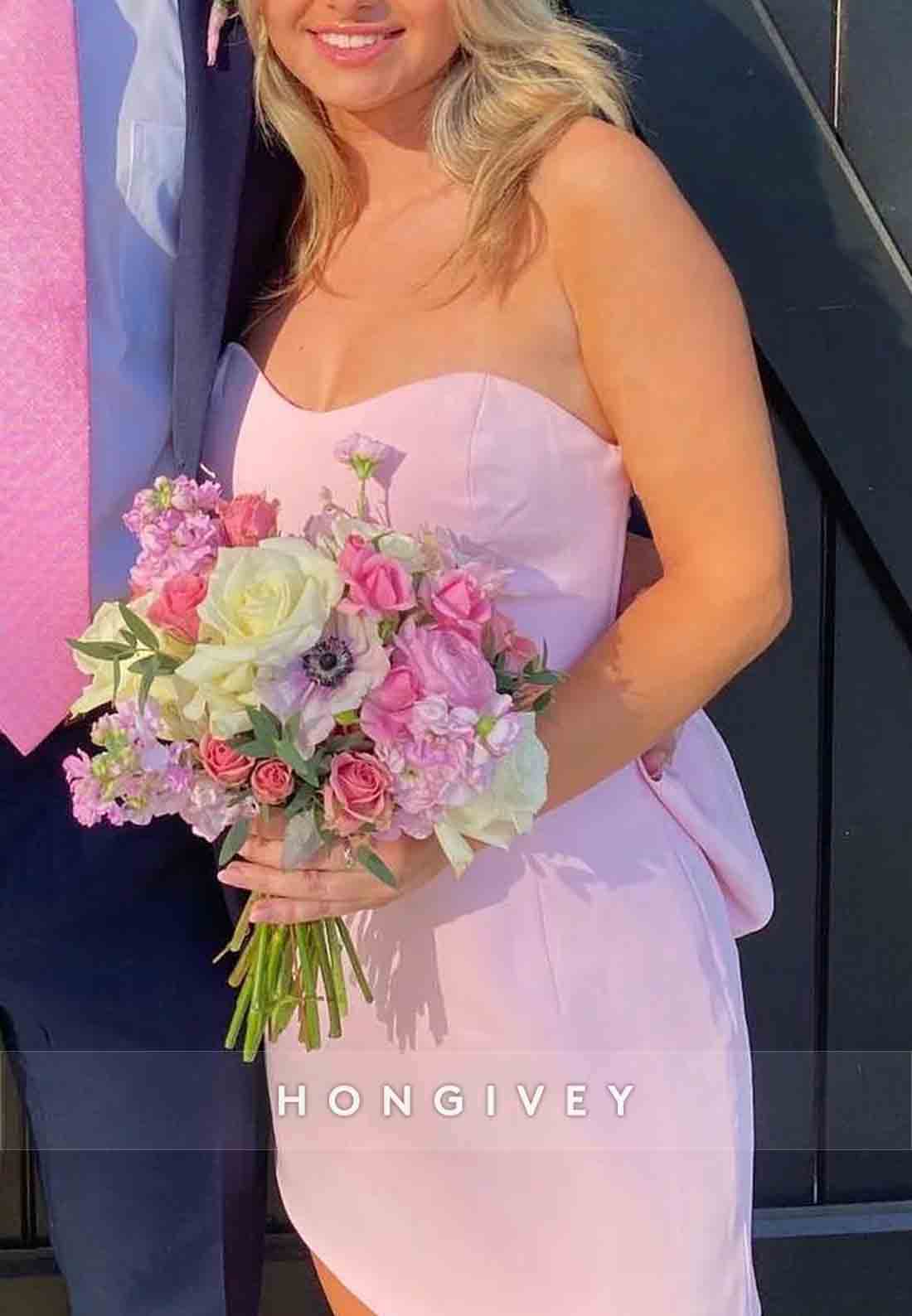 Pink Sheath Sweetheart Bowknot Sleeveless Low Back Short Homecoming Dresses