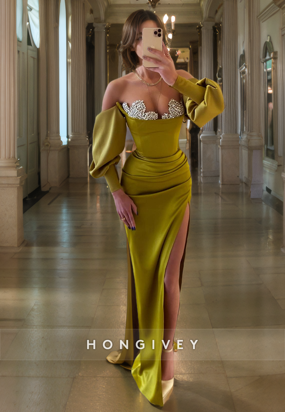 Fitted Satin Beaded Asymmetrical Long Sleeve With Side Slit Long Prom Fitted Satin Beaded Asymmetrical Long Sleeve With Side Slit Long Prom