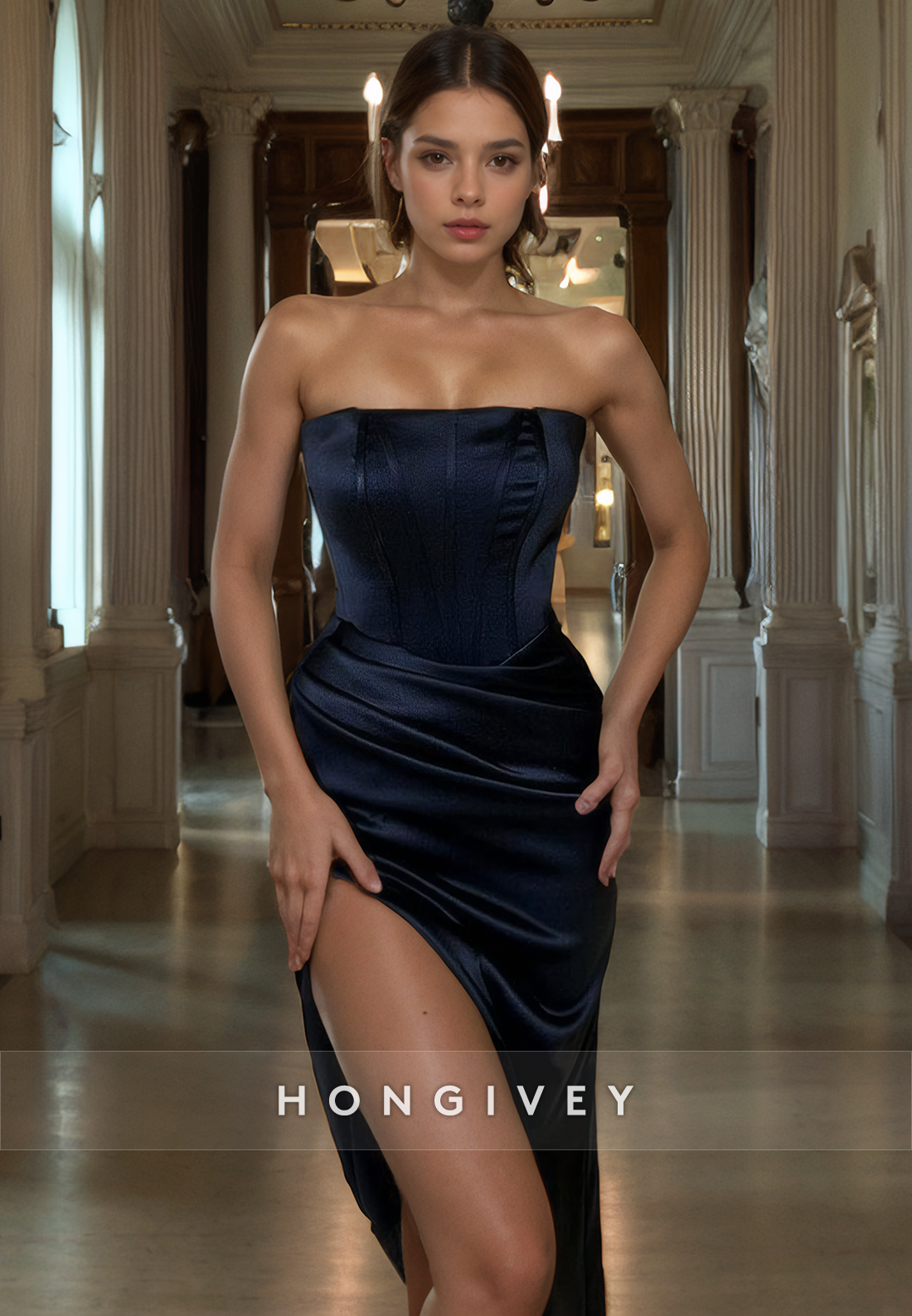 L0952 - Simple Strapless High Slit With Train Evening Party Prom Dress