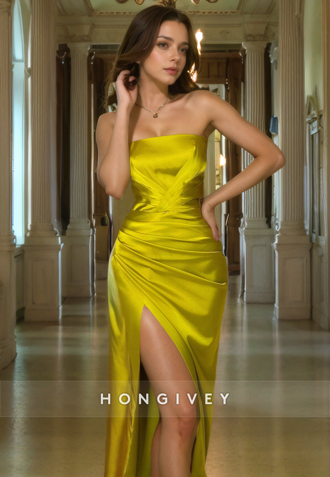 L0955 - Simple Strapless High Slit With Train Evening Party Prom Dress