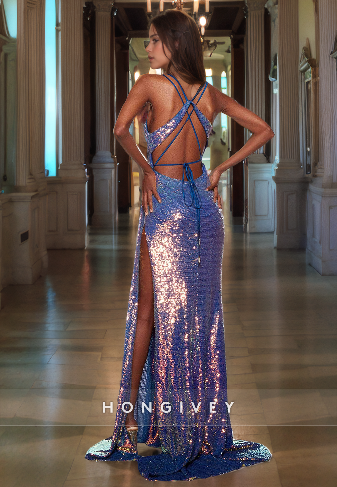 Sexy Fitted Glitter V-Neck Spaghetti Straps Ruched With Side Slit Party Prom Evening Dress