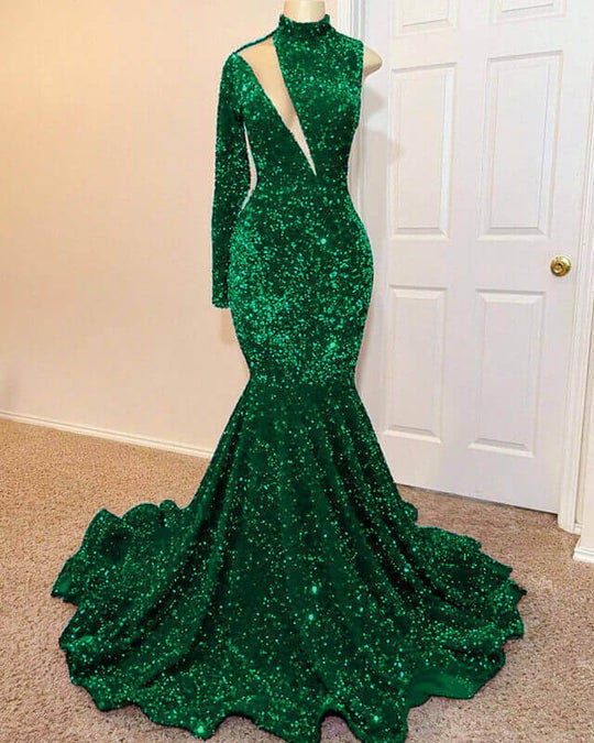 Green Mermaid High Neck One Shoulder Long Sleeve Long Prom Dress With Sequins