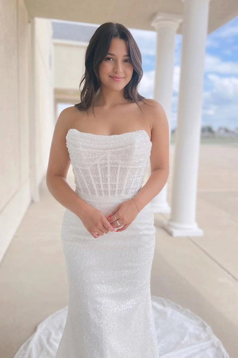 Glitter Mermaid Scoop Neck Sequins Wedding Dress