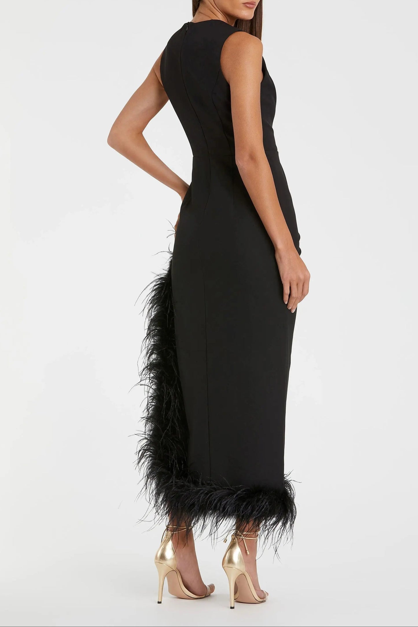 Black Ruched High-Low Evening Dress with Feather