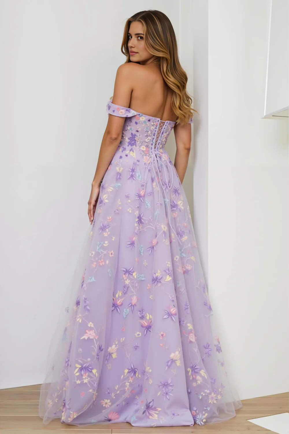 Formal Lilac A Line Off Shoulder Sweetheart Sleeveless Floral with Slit Backless Long Prom Dress