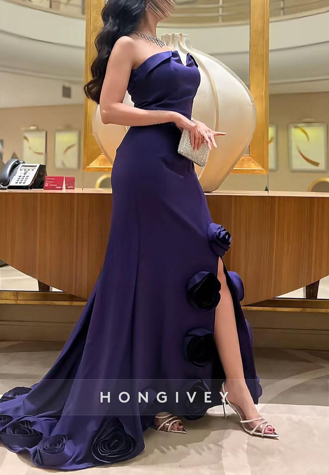 Strapless Regency Trumpet Evening Gowns with 3D Flowers and Side Slit