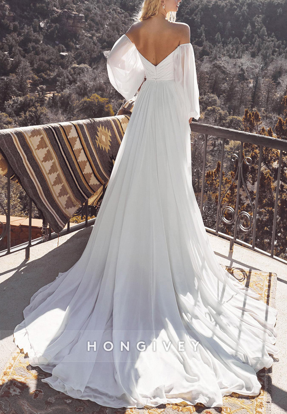 V Back High Slit Court Train Flutter Sleeves Off the Shoulder Pleated Boho Wedding Dresses