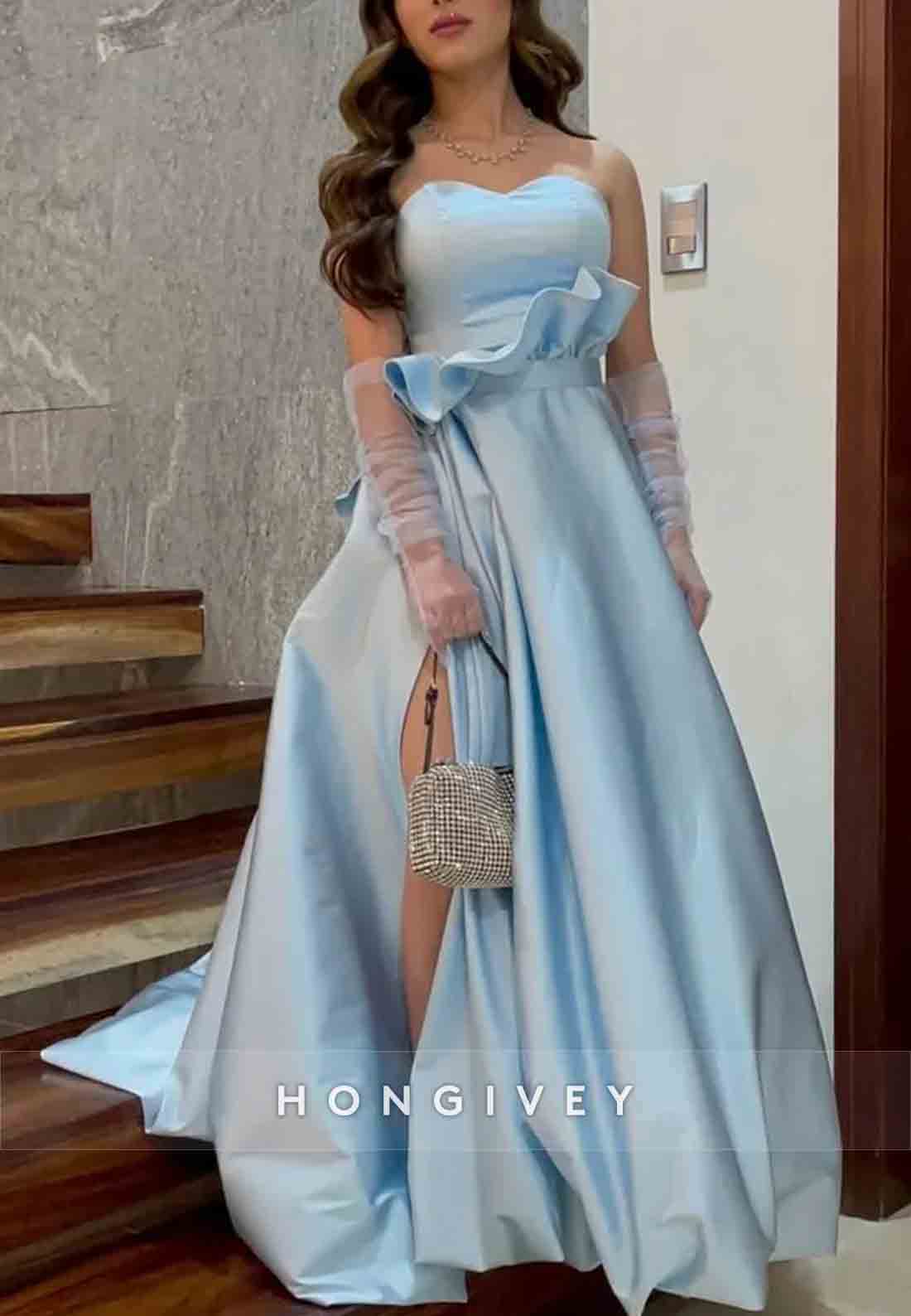 Elegant Sweetheart Ruched Side Slit Light Blue Satin Prom Dresses