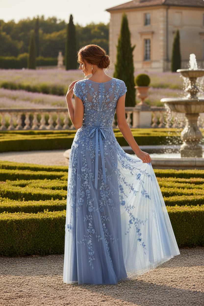 Blue Floral Embellished Cap Sleeve Evening Dress