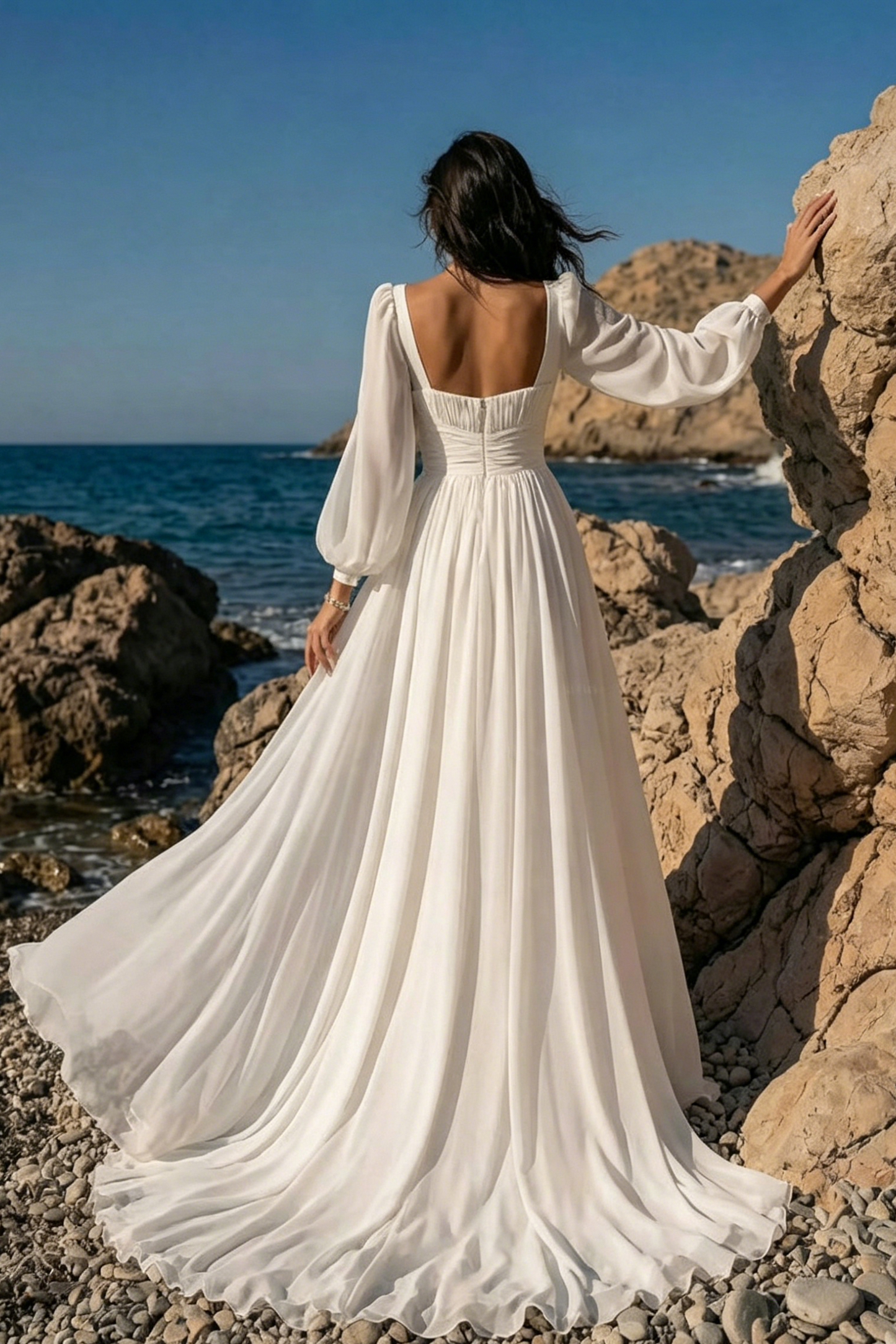 A-Line Sweetheart Long Sleeves Sweep Train Chiffon Wedding Dresses