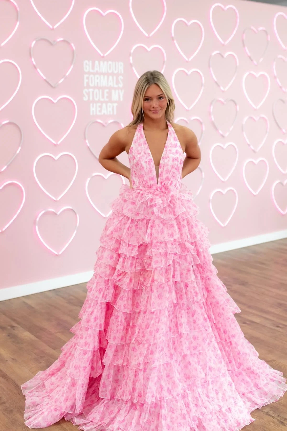 Pink Floral Prin Halter Sleeveless A-Line Tassel Floor-Length Prom Dress