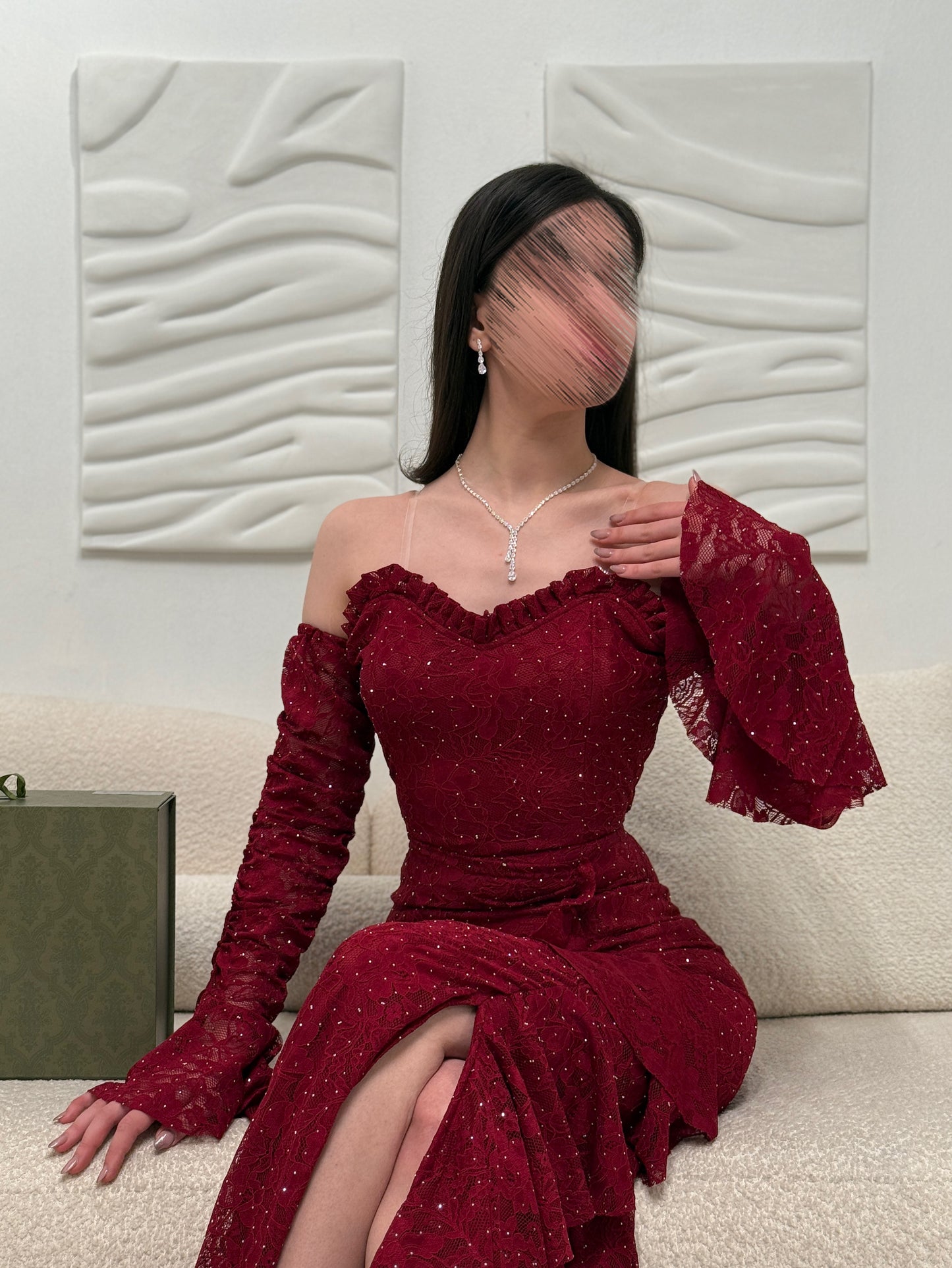 Red Off the Shoulder Long Sleeve Mermaid Ruched Side Slit Evening Dress