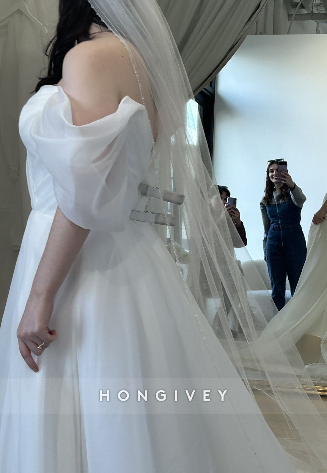 Off the Shoulder V Back A-Line Pleated Chapel Train Wedding Dresses with High Slit