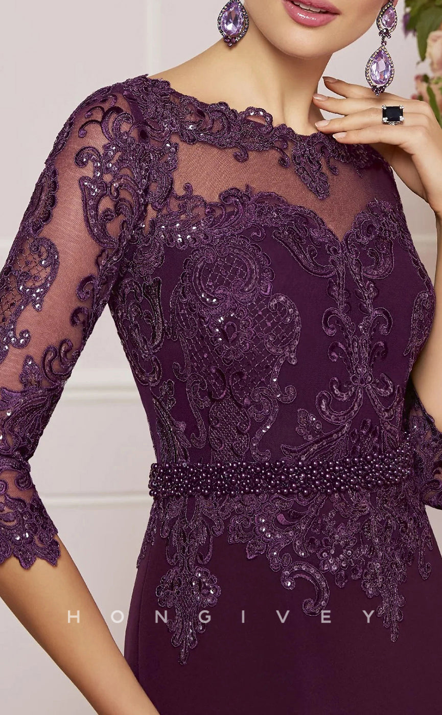 HM248 - Sheath Scoop 3/4 Sleeves Lace Applique Two-Piece Mother of the Bride Dress