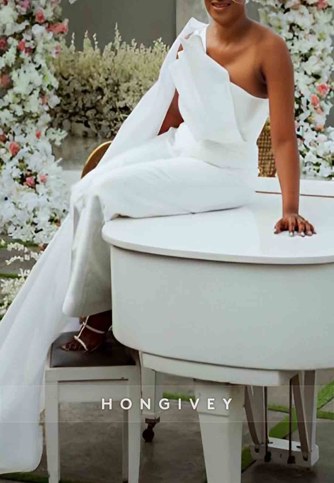 Jumpsuit One Shoulder Side Draping Ankle-Length Pleated Wedding Dresses