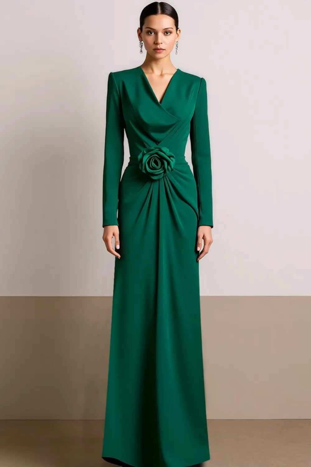 Formal Dress Sheath Floor-Length Green V-Neck 3D Flower Maxi Dress