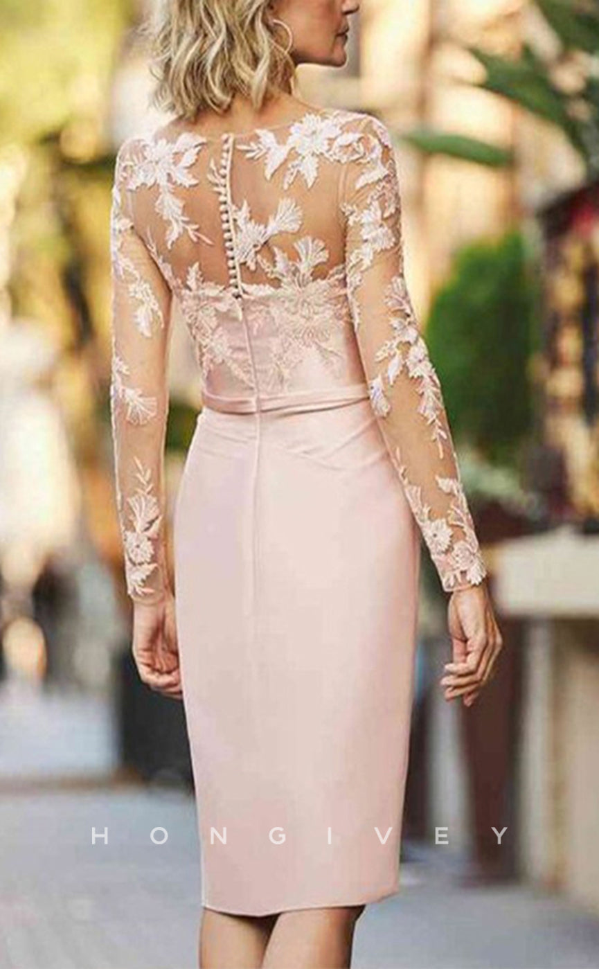 HM244 - V-Neck Long Sleeves Lace Applique Fitted Knee-Length Mother of the Bride Dress