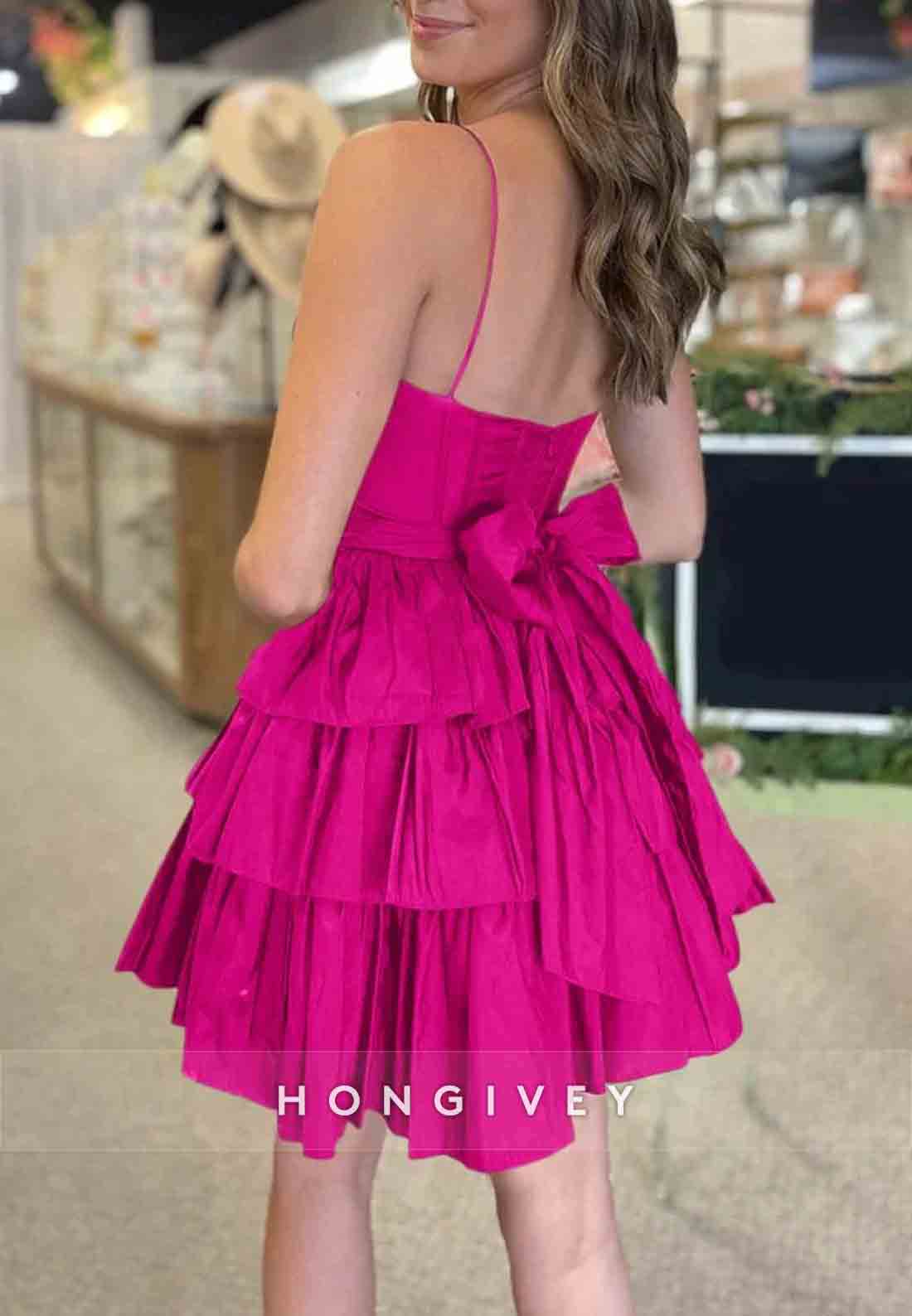 Sleeveless A-Line Bowknot Low Back Ruched Spaghetti Straps Short Homecoming Dresses