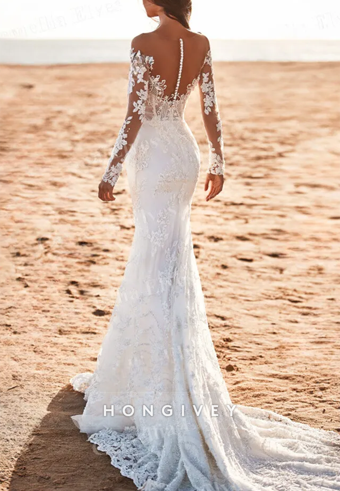 V Neck Court Train Trumpet Long Sleeve Pleated Lace Flowers Off the Shoulder Boho Wedding Dresses