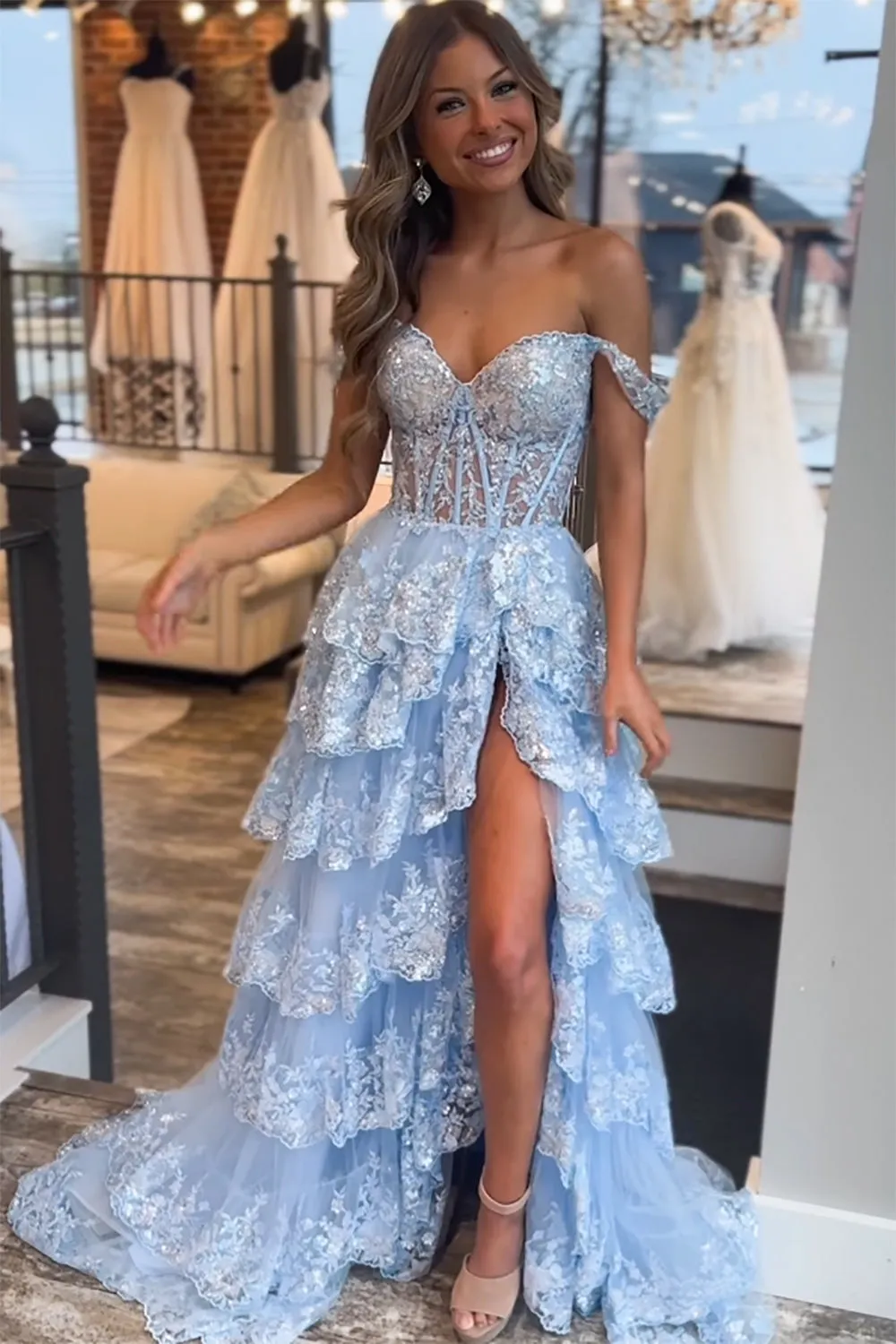 L1067 Sweet Fully Lace Illusion With Train And Slit Cake Evening For