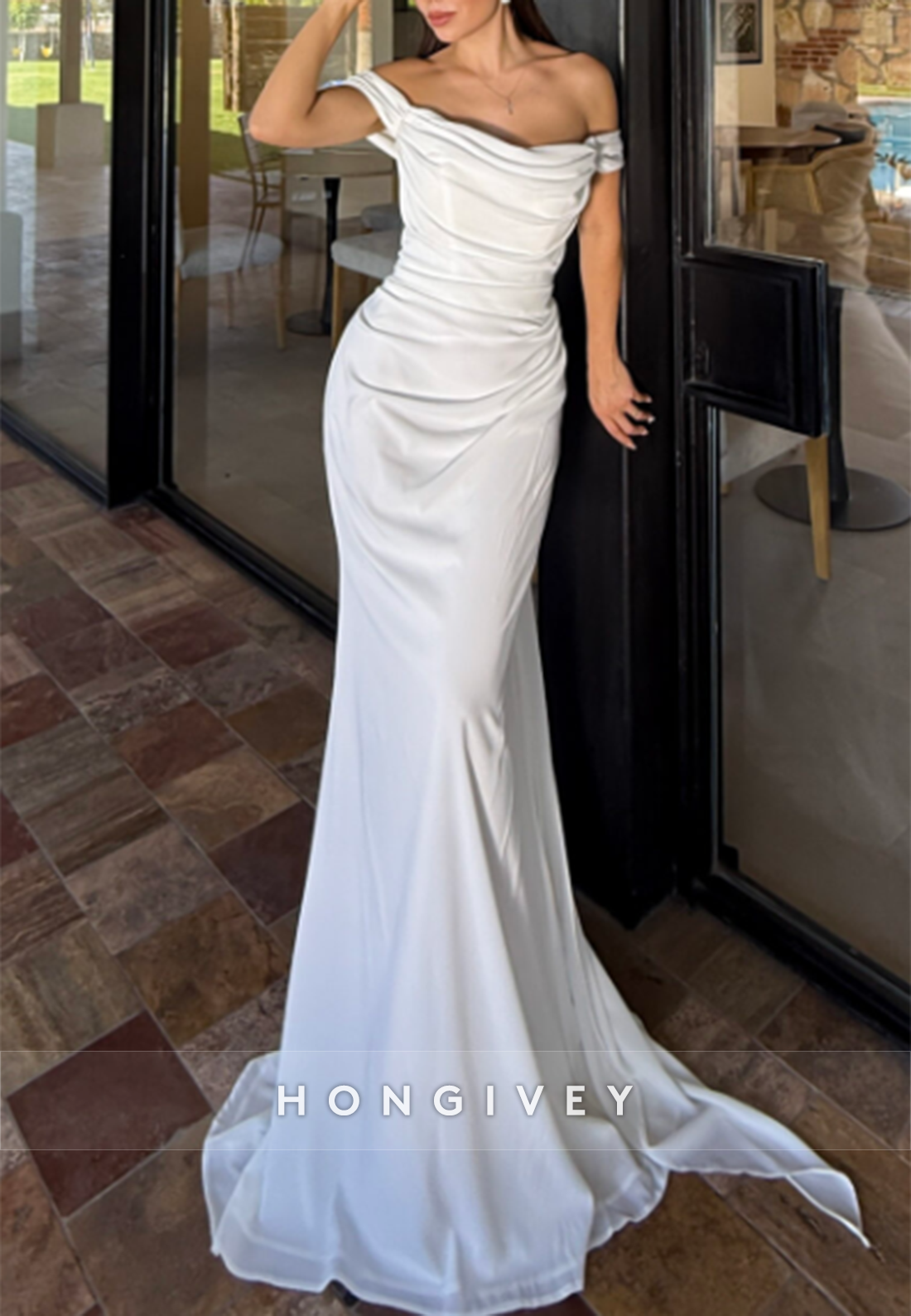 Sweep Train Pleated Low Back Off the Shoulder Trumpet Wedding Dresses