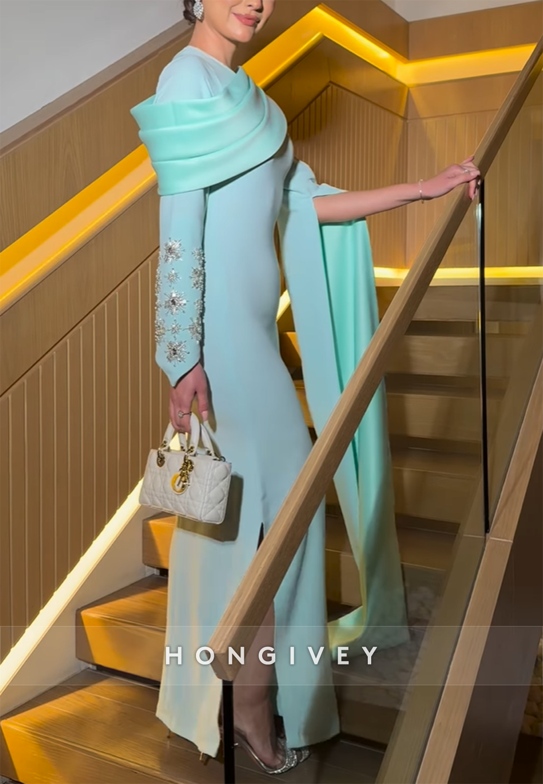 Elegant Long Sleeves Side Slit Side Draping Appliqued Spa Evening Gowns