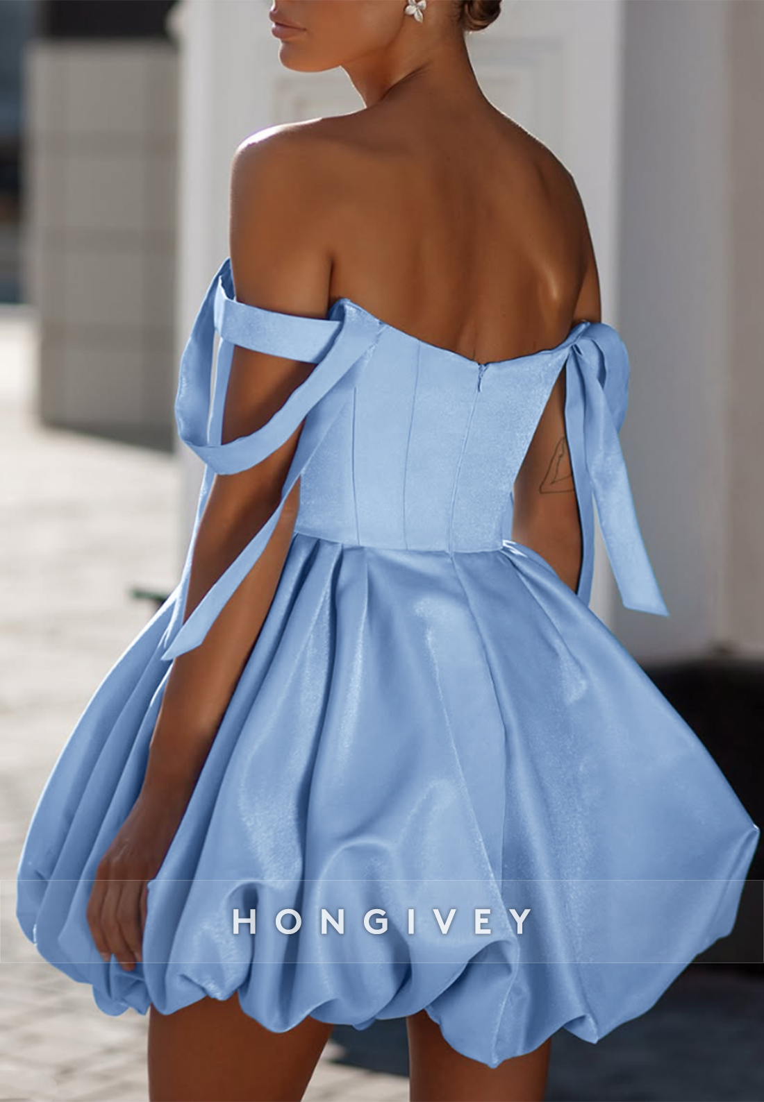 Sky Blue Off the Shoulder Princess Pleated Satin Short Homecoming Dresses
