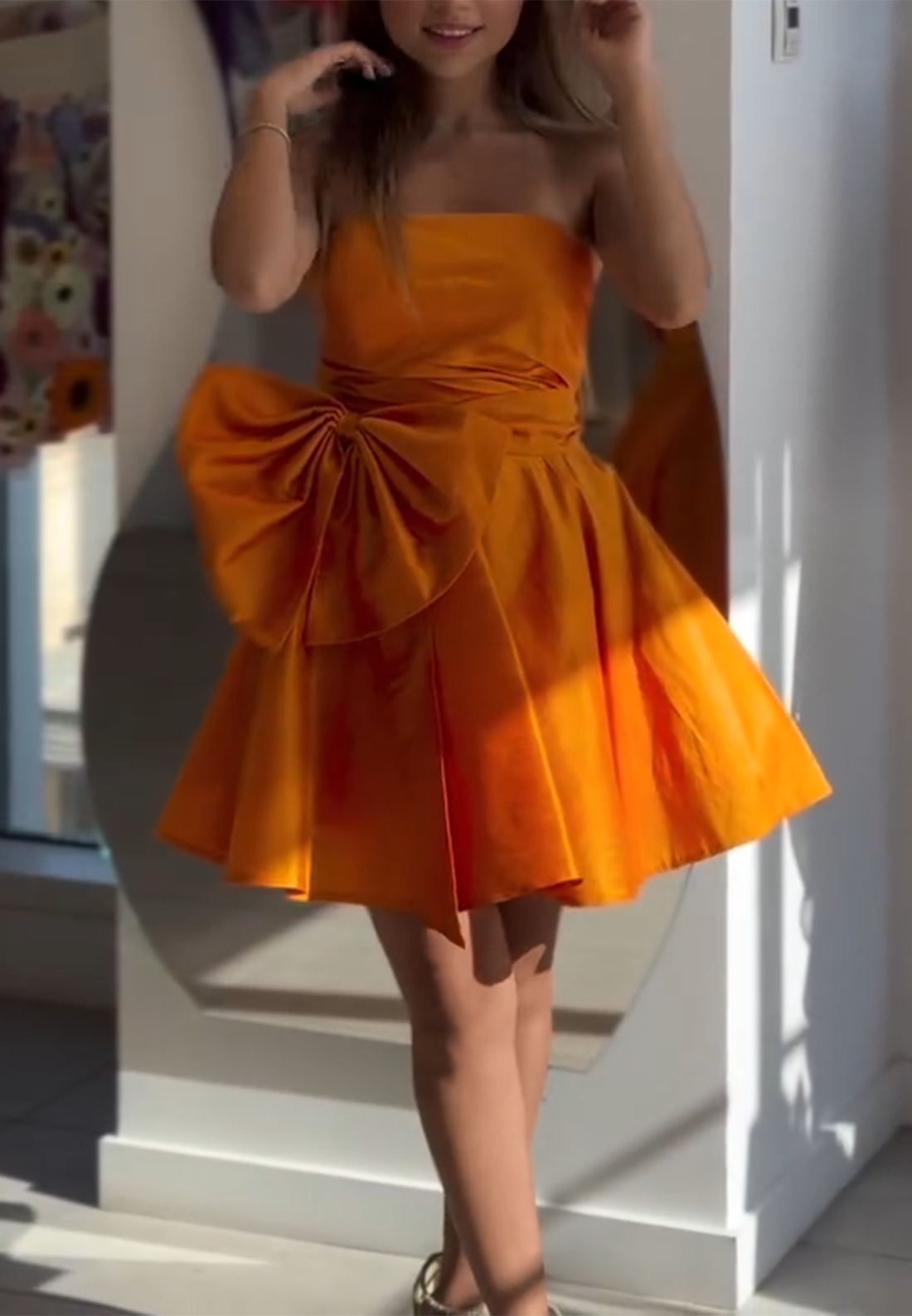 Orange A-Line Strapless Pleated Short Homecoming Dress with Bowknot