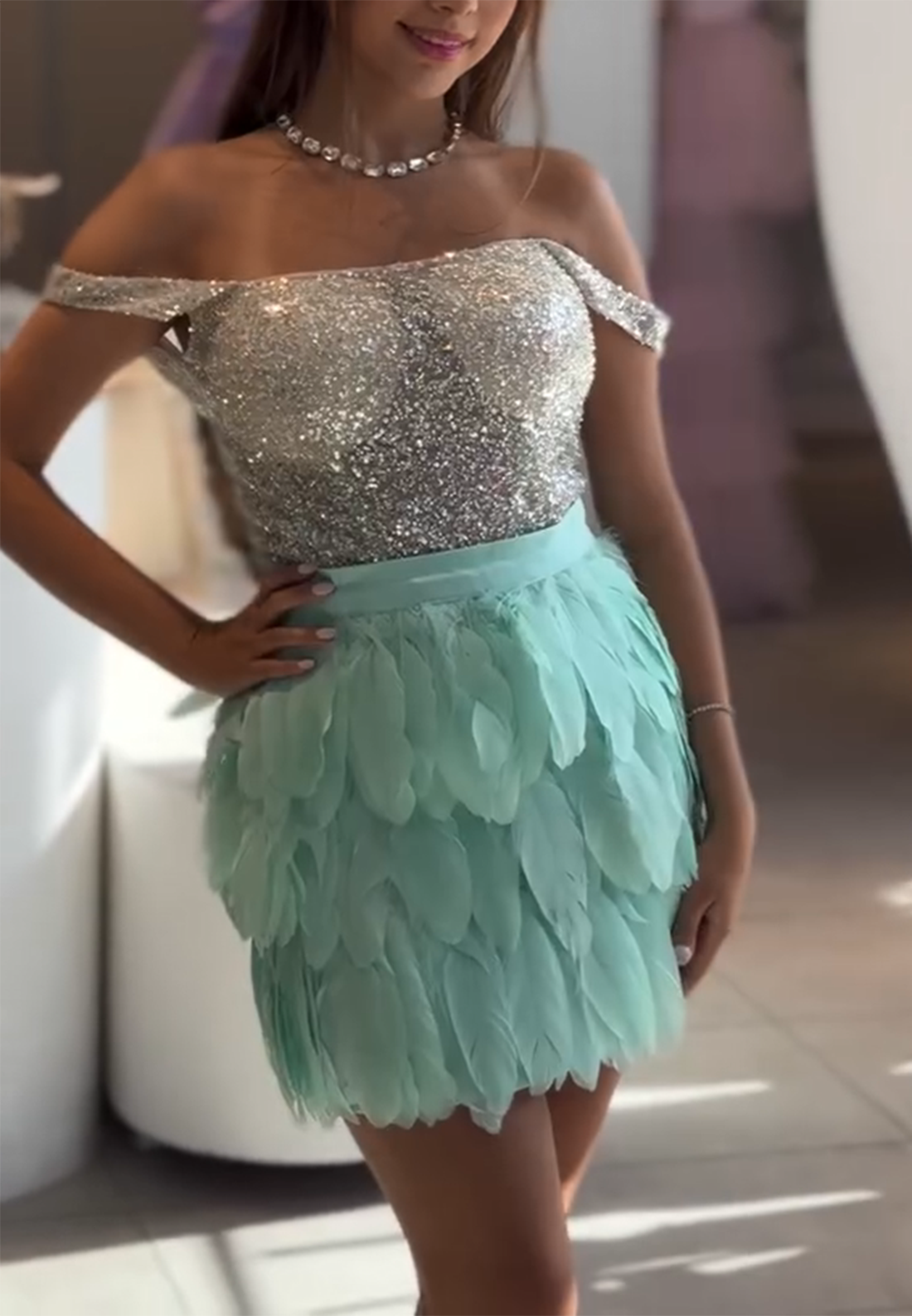 Off the Shoulder Glitter Corset Sheath Short Homecoming Dress with Feather