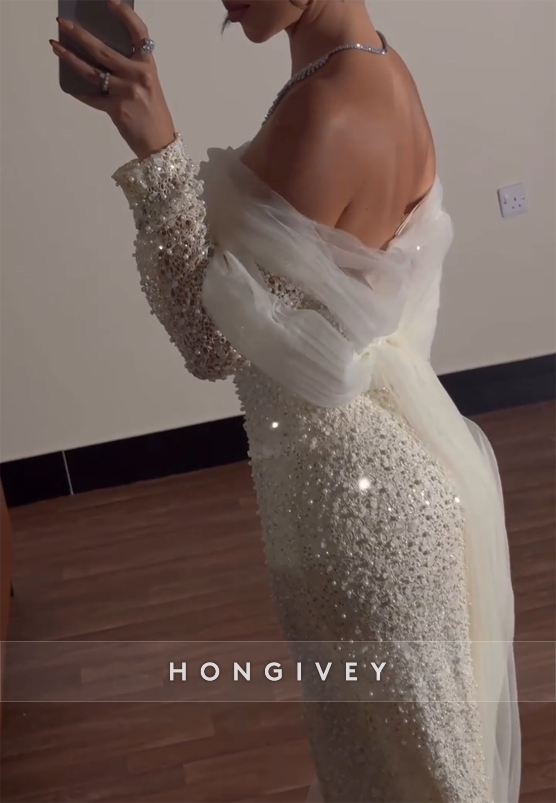 Off the Shoulder Sheath Long Sleeves Low Back Wedding Dresses with Beading