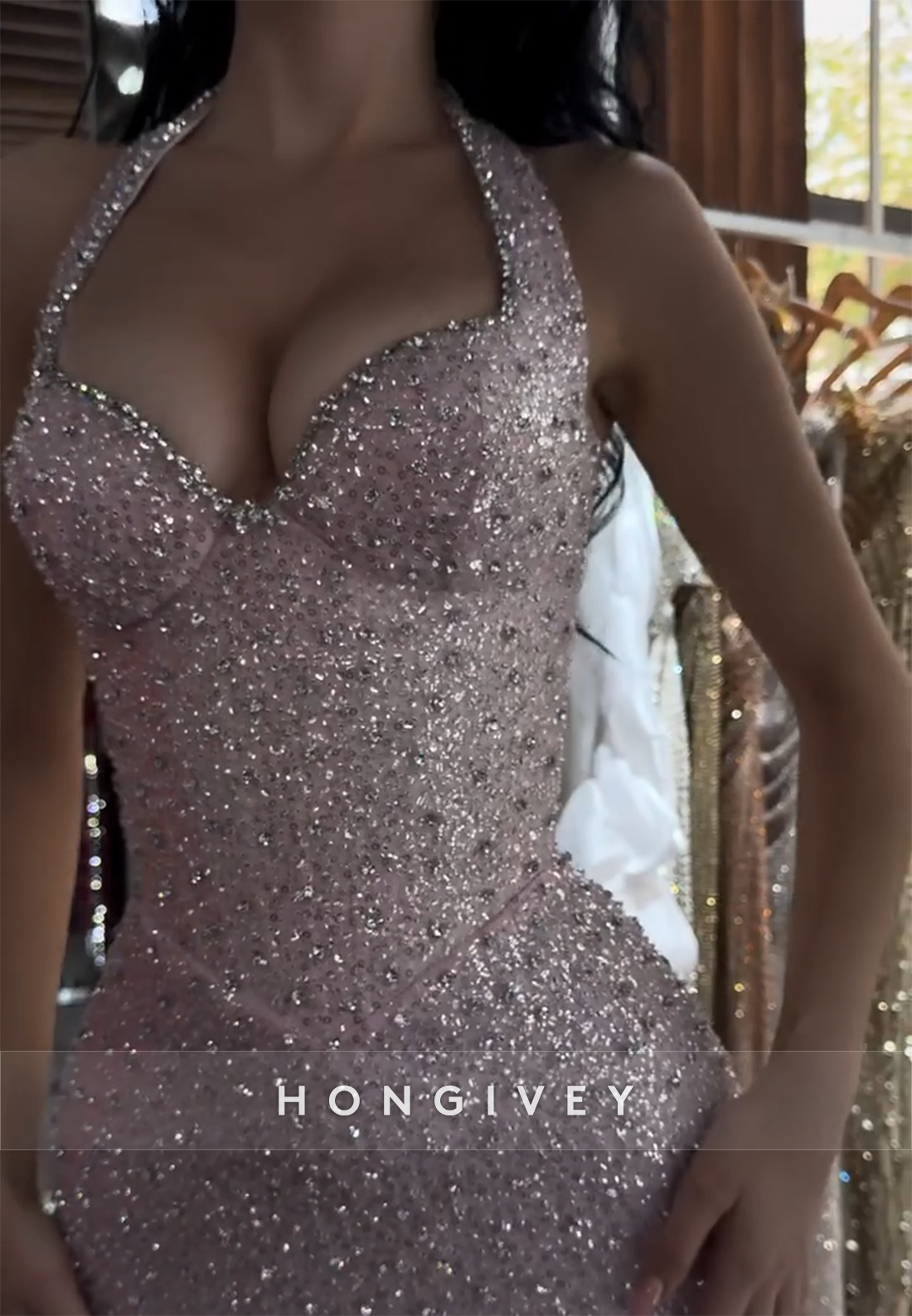 Sparkly Sequined Pale Blush High Slit Floor-Length Mermaid Prom Dresses