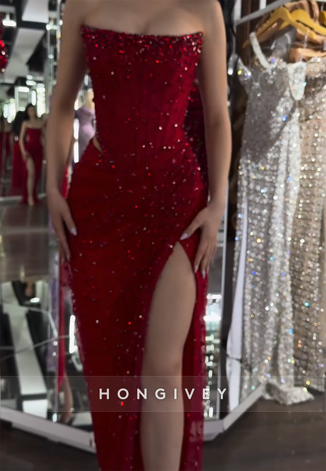 Sparkly Red Strapless Column Side Slit Prom Dresses with Rhinestone