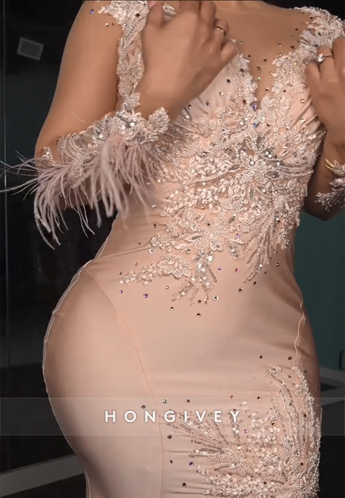 Blush Long Sleeves Illusion Neck Trumpet Side Slit Prom Dresses with Feather