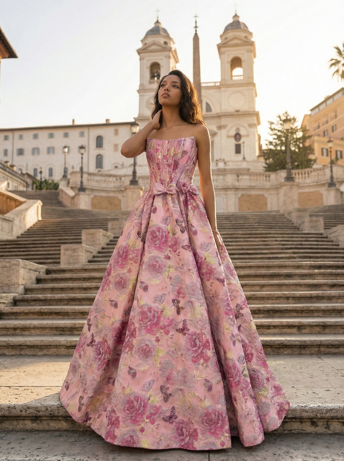 Pink Strapless Floral Print Flowers A-Line Bow Prom Dress