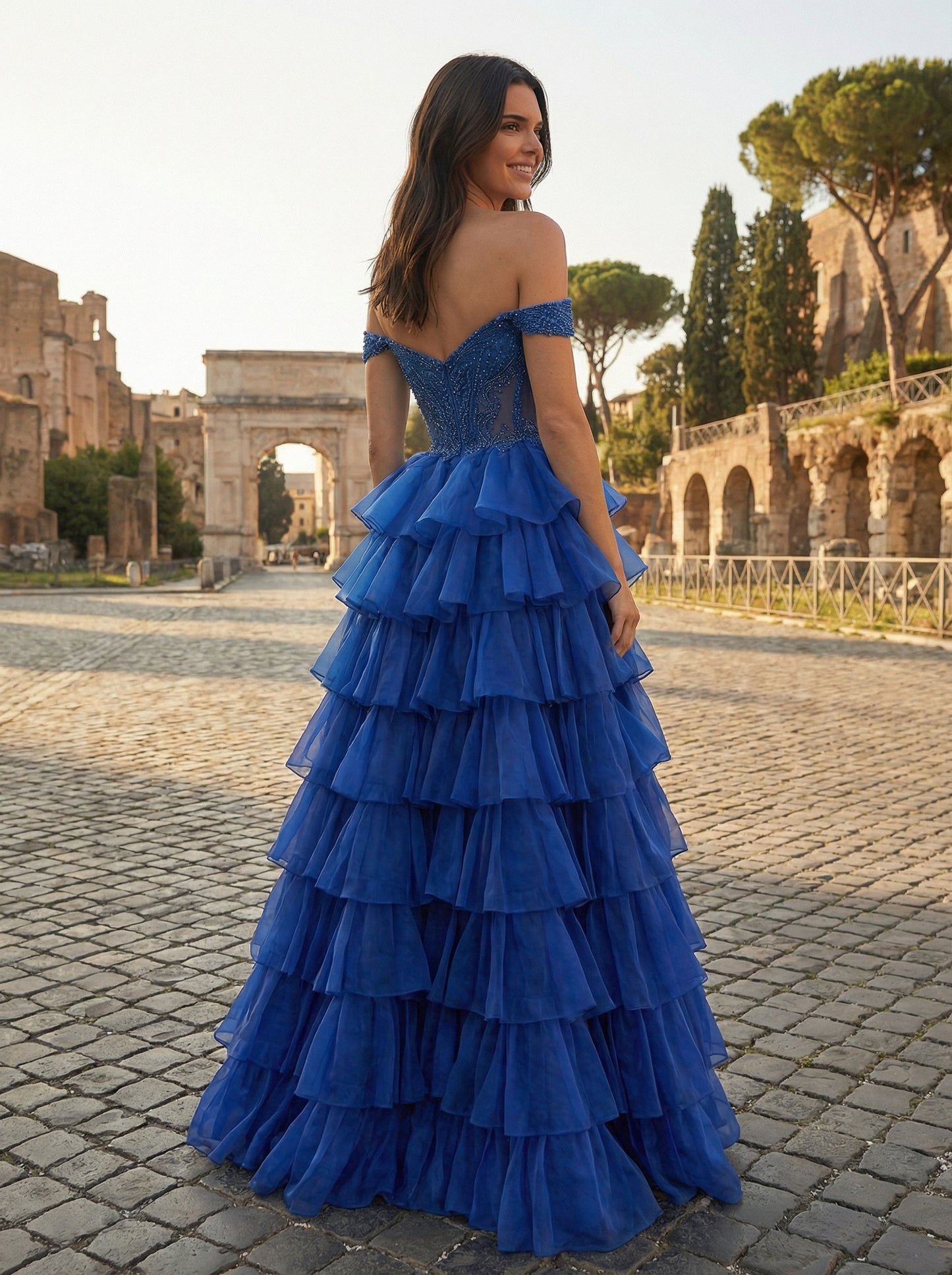 Off Shoulder A Line Tulle Ruffled Prom Dresses Long Corset Beaded Evening Party Gowns