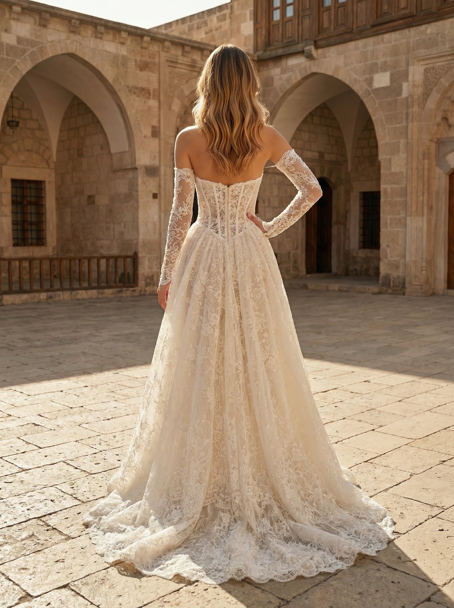 Off the Shoulder Lace Long Sleeve A-Line Women Wedding Dress Floor-Length