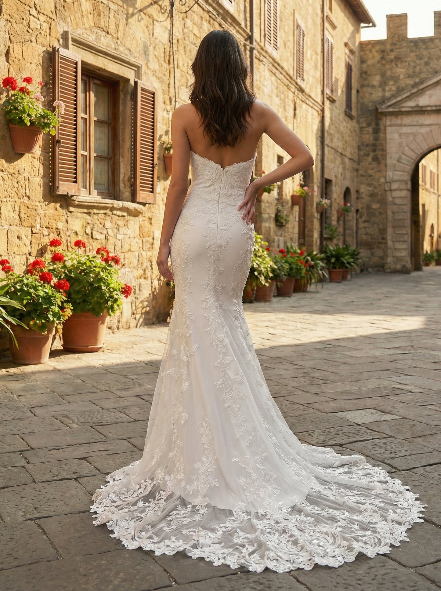 Mermaid Sleeveless Sweetheart Applique Lace Floor-Length Wedding Dress